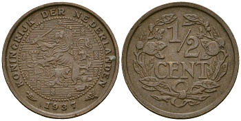 Нидерланды 1/2 цента 1937 Вильгельмина (1890-1948) KM 138 бронза 4169-459