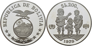 Боливия 200 песо 1979 Международный год защиты детей KM 198 серебро PROOF 02-208-34