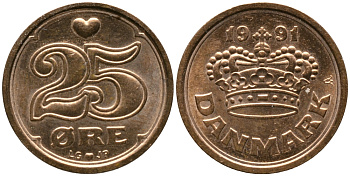 ДАНИЯ 25 ЭРЕ 1991 LG; JP; A, МАРГАРЕТ II (1972-) KM 868.1 бронза 100-738