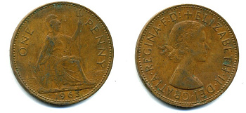 Великобритания 1 пенни 1965 Елизавета II (1952-2022) КМ 897, Spink 4157 бронза 57-644