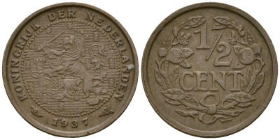 Нидерланды 1/2 цента 1937 Вильгельмина (1890-1948) KM 138 бронза 4169-459