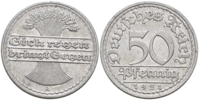ГЕРМАНИЯ 50 ПФЕННИГОВ 1921 A KM 27, J. 301, Weege 10 алюминий 212-824