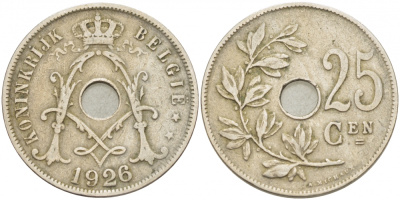 БЕЛЬГИЯ 25 САНТИМОВ 1926 BELGIE KM 69 медно-никель 87-1535