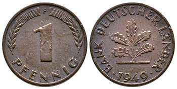 ФРГ 1 ПФЕННИГ 1949 F KM А101, J.376 сталь плакированная медью 177-853