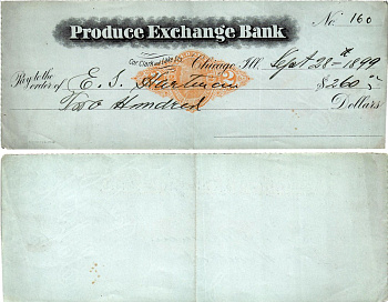 США чек на 260 долларов 1899 Produce Exchange Bank, Чикаго бумага 434-21-2-1