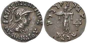 Индо-Греческое Царство драхма 160-145 гг. до н.э. Менандр, голова царя/Афина Алкидемос, 2,44 гр, EF SNG ANS 855 серебро 00-00