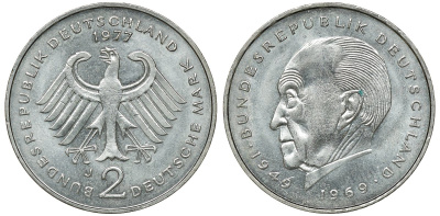 ФРГ 2 марки 1977 J, Конрад Аденауэр KM 124, J. 406 медно-никель плакированный никелем UNC 4681-916