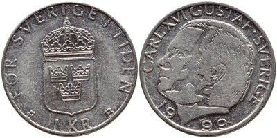 Швеция 1 крона 1999 Карл XVI Густав (1973- ) KM 852a медно-никель 4610-752