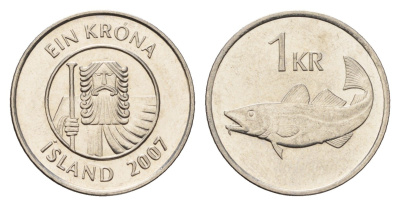 Исландия 1 крона 2007 треска KM 27a сталь плакированная никелем UNC 4691-616