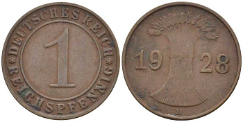 ГЕРМАНИЯ 1 РЕЙХСПФЕННИГ 1928 D KM 37, J. 313, Weege 2 бронза 211-116
