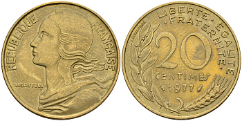 Франция 20 сантимов 1977 тип Марианна KM 930 медь алюминий никель    4153-416
