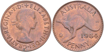 АВСТРАЛИЯ 1 ПЕННИ 1964 р, ЕЛИЗАВЕТА II (1953-), КЕНГУРУ KM 56 бронза 4521-112