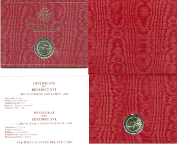 ВАТИКАН 2 ЕВРО 2008 ГОД СВЯТОГО ПАВЛА, В ОРИГИНАЛЬНОМ БУКЛЕТЕ KM 404 биметалл BUNC 7-1-24