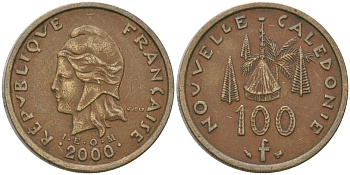 Французская Новая Каледония 100 франков 2000 хижина среди сосен и пальм, (IEOM) KM 15, Schoen 16, Lec 139d никель латунь 4144-411