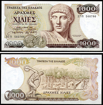 Греция 1000 драхм 1987 бюст Аполлона, дискобол на фоне развалин Олимпии Pick 202 a  бумага  UNC (пресс) 450-74-1