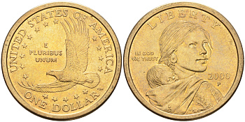 США 1 доллар 2000 Р, индианка Сакагавея KM 310 медь с марганцево-латунным покрытием 63-1156