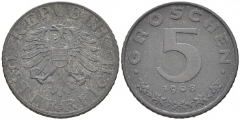 АВСТРИЯ 5 ГРОШЕЙ 1968 KM 2875 цинк 3955-667