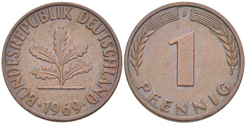 ФРГ 1 ПФЕННИГ 1969 J KM 105, J. 380 сталь плакированная медью 4181-548