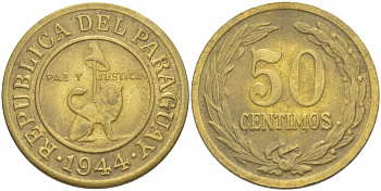 ПАРАГВАЙ 50 СЕНТИМО 1944 KM 24 алюминиевая бронза 98-756