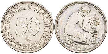 ФРГ 50 ПФЕННИГОВ 1974 D KM 384, J.109.1 медно-никель 4532-328
