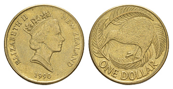 Новая Зеландия 1 доллар 1990 Елизавета II (1952-2022), птица киви KM 78 алюминиевая бронза 4179-726