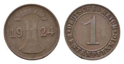 Германия 1 рентенпфенниг 1924 D KM 30, J. 306 бронза 4696-563