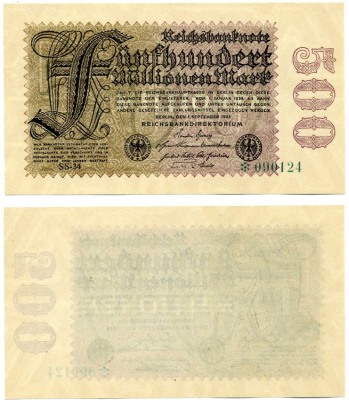 ГЕРМАНИЯ 500000000 МАРОК (500 МИЛЛИОНОВ) 1923 1 СЕНТЯБРЯ 1923, БЕРЛИН, ВОДЯНОЙ ЗНАК В ЗВЁЗДАХ, №09012+ ЗЕЛЁНЫЙ СО СНЕЖИНКОЙ Pick 110d, Розенберг 109d бумага UNC (ПРЕСС) 8616-41-1