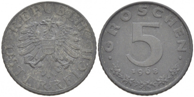 АВСТРИЯ 5 ГРОШЕЙ 1968 KM 2875 цинк 3955-667