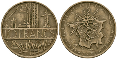 Франция 10 франков 1976 тип Матье KM 940, Le Franc 365.7-8 никель латунь 4120-446
