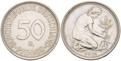 ФРГ 50 ПФЕННИГОВ 1974 D KM 384, J.109.1 медно-никель 4532-328
