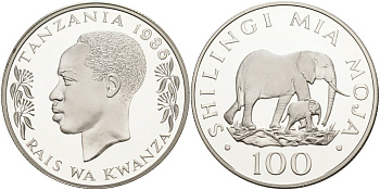 Танзания 100 шиллингов 1986 серия 25 лет окружающей среды, слоны, тираж 25000 экз. ​KM 18а серебро PROOF 1069-3-62