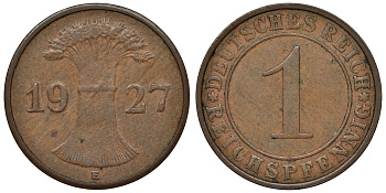 Германия 1 рейхспфенниг 1927 E KM 37, J. 313 бронза 4124-115