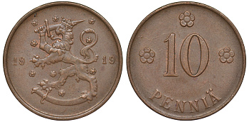 Финляндия 10 пенни 1919 KM 24 медь 45-842