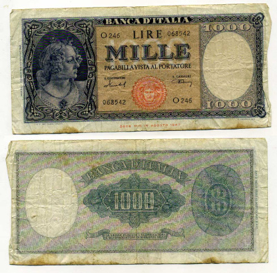 Италия 1000 лир 1947 изображение одной из трех граций (Сандро Боттичели), Pick 83 бумага 7203-17-3-2