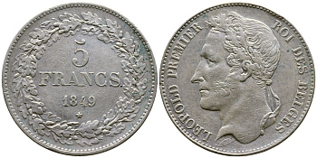 Бельгия 5 франков 1849 Леопольд I (1831-1865), в венке KM 3.2 серебро 74-1031
