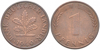 ФРГ 1 ПФЕННИГ 1949 J KM А101, J.376 сталь плакированная медью 3955-516
