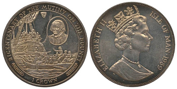 ОСТРОВ МЭН 1 КРОНА 1989 200 ЛЕТ МЯТЕЖУ НА ПАРУСНИКЕ БАУНТИ, КАПИТАН БЛАЙ С ВЕРНЫМИ МАТРОСАМИ ПОКИДАЕТ ПАРУСНИК НА ШЛЮПКЕ KM 242 медно-никель UNC 1078-2-54