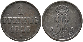 Ганновер 1 пфенниг 1848 B, Эрнст Август (1837-1851) KM 201.1, AKS 129, J. 74 медь 4448-1023