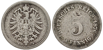 Германия 5 пфеннигов 1876 A, старогербовка KM 3, J. 3 медно-никель 51-3325