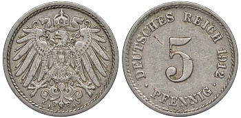 Германия 5 пфеннигов 1912 A, KM 11, J. 12 медно-никель 25-2454