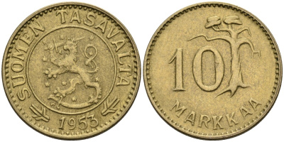 Финляндия 10 марок 1953 KM 38 алюминиевая бронза 4585-931