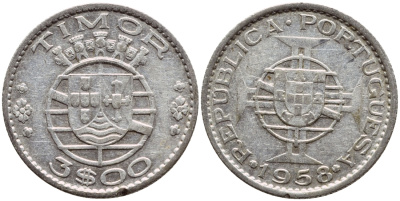 Португальский Тимор 3 эскудо 1958 год тип KM 14 серебро aUNC 80-752