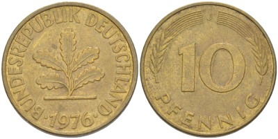 ФРГ 10 ПФЕННИГОВ 1976 J KM 108, J. 383 сталь плакированная латунью 4182-847