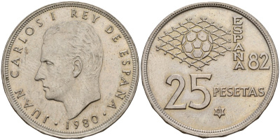 Испания 25 песет 1980 (81) Чемпионат мира по футболу в Испании 1982, Король Хуан Карлос I (1975 - 2014) KM 818 медно-никель 4187-1137