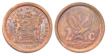 ЮАР 2 цента 1993 орел с рыбой KM 133 сталь плакированная медью UNC 4696-941