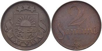 ЛАТВИЯ 2 САНТИМА 1922 ПЕРВАЯ РЕСПУБЛИКА (1918-1939) KM 2 бронза 08-1343