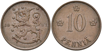 Финляндия 10 пенни 1937 республика (1918-1962) KM 24 медь 4563-621