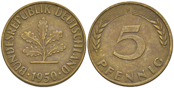 ФРГ 5 пфеннигов 1950 F KM 107, J. 382 сталь плакированная латунью 55-1247