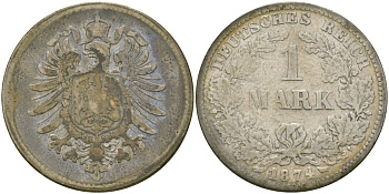 Германия 1 марка 1874 G Weege 17, J. 9, KM 7 серебро 98-1241