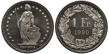Швейцария 1 франк 1990 из банковского ролика KM 24a.3 медно-никель UNC M06-13